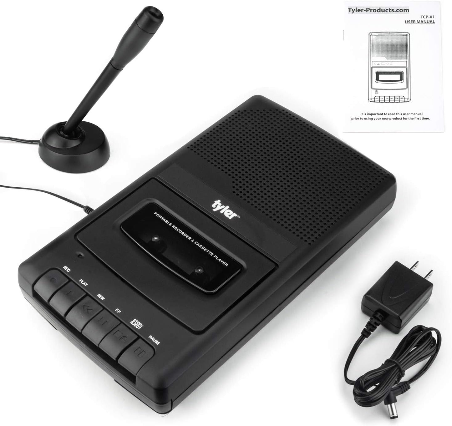 Tyler TCP-01 Cassette 120V Portable Player and Recorder - Retro Shoebox Style Music Device with Stand-Alone Microphone
