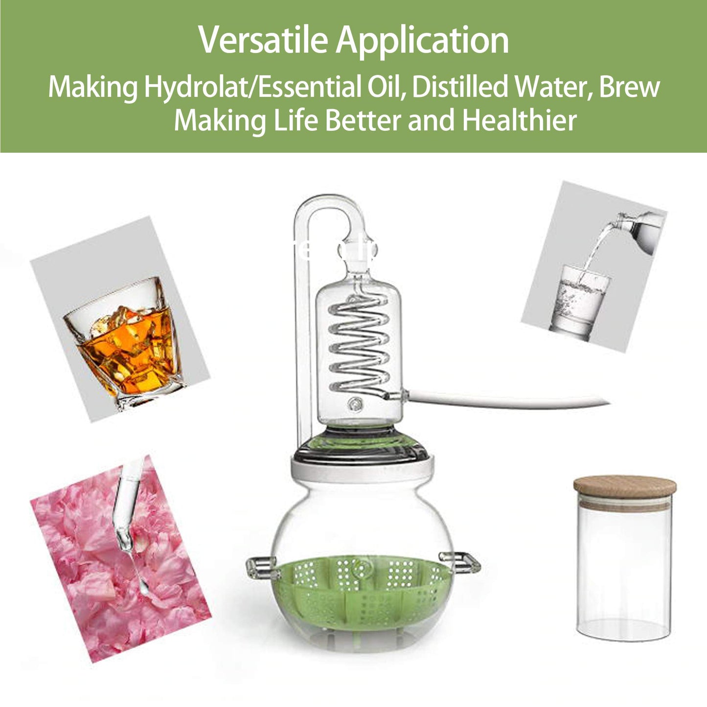 YUEWO 1Gal/4Liters Crystal Essential Oil Distillation Equipment Hydrosol Extractor Machine Water Distillers Home Brewing Kit for Home Countertop (Height:450cm/177inch+Essential Oil Separator)