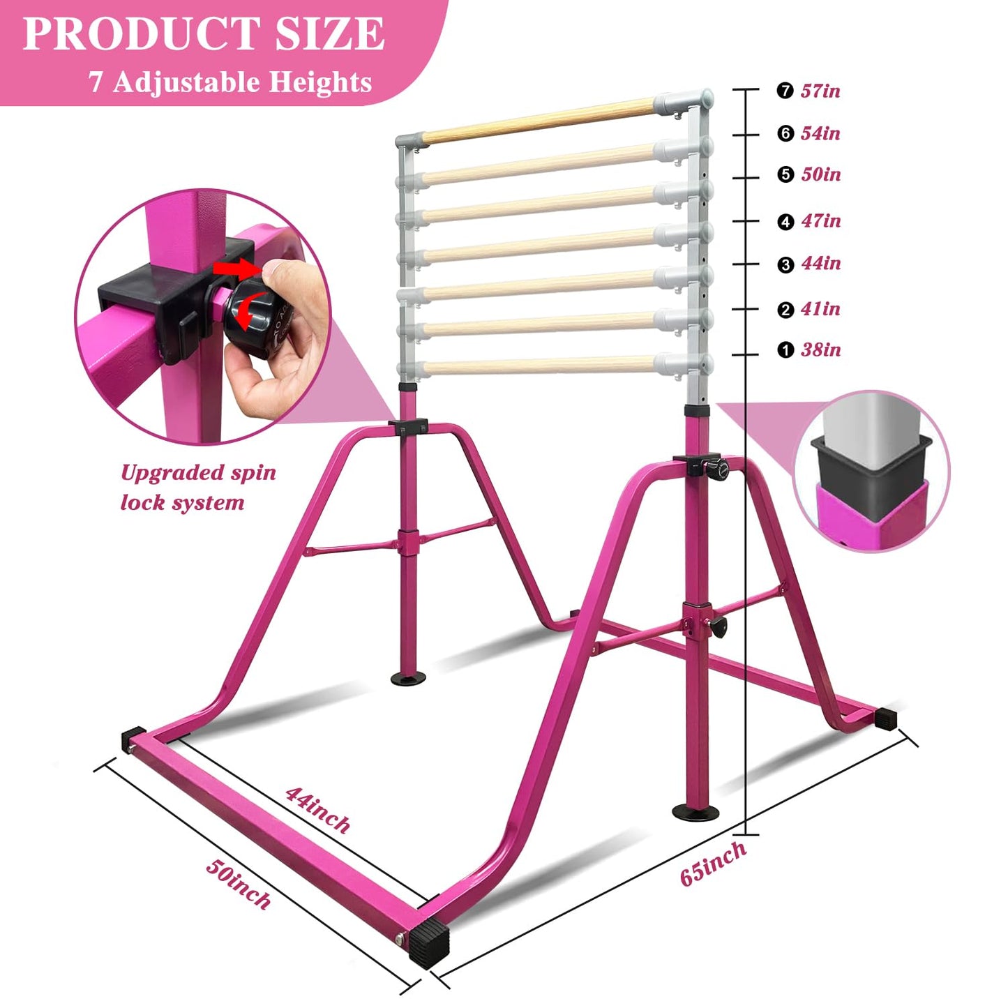 kechery Foldable & Moveable Gymnastics Horizontal Bar with Rings,3’to 5’Adjustable Height Expandable Junior Kip Bar for Home,Indoor Gym Equipment for Kids(Foldable Pink with Rings)