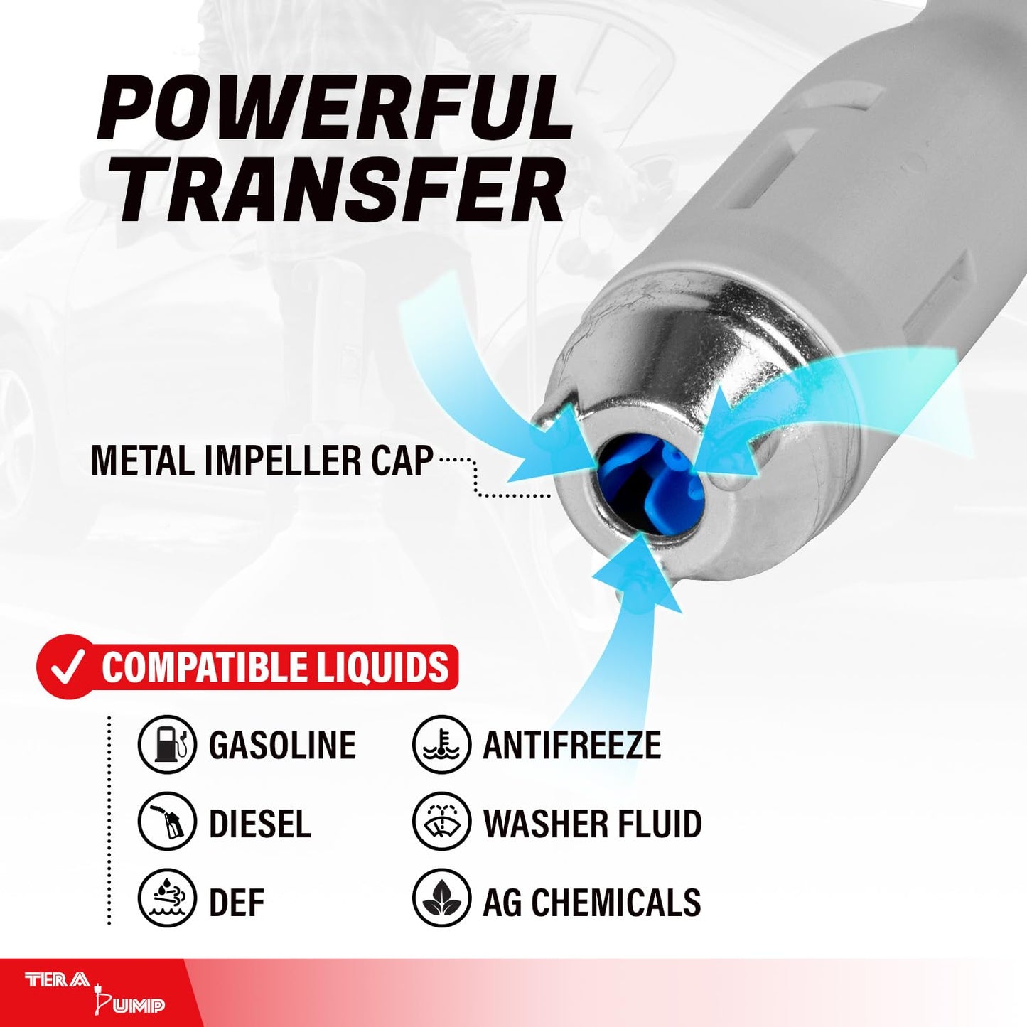 TERA PUMP Fuel Transfer Pump w/Quick Flow Control Nozzle & Telescopic Tube & Powerful Rechargeable Battery, 10FT Discharge Hose, Multipurpose Portable Battery Pump For Gas, Diesel, Water (2.7 GPM)