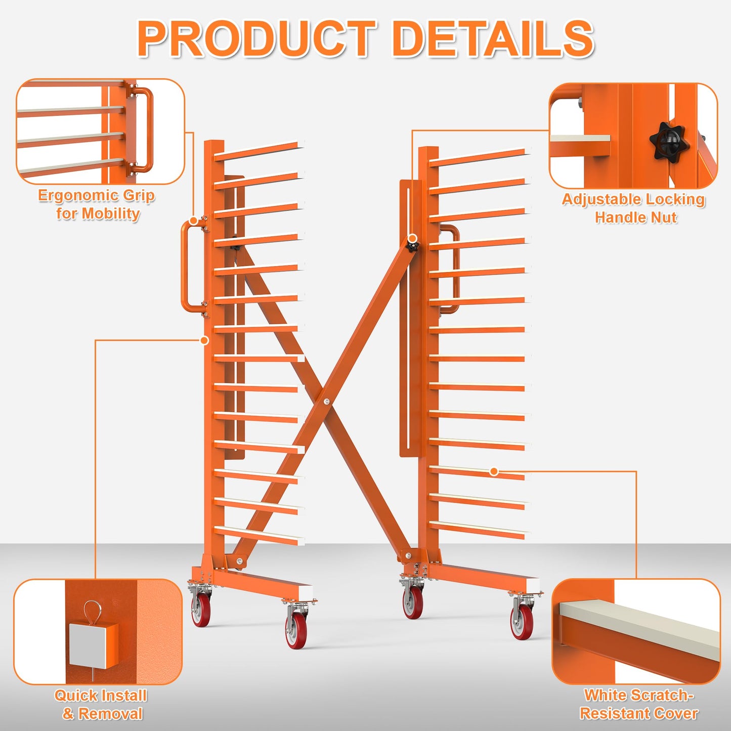 Tredre 15-Tier Paint Drying Rack with Nylon Wheels, Width Adjustable 12"-58", Heavy Duty Cabinet Door Drying Rack, 110 lbs Per Tier, Space-Saving Metal Paint Rack for Workshop, Spray Booth, Factory