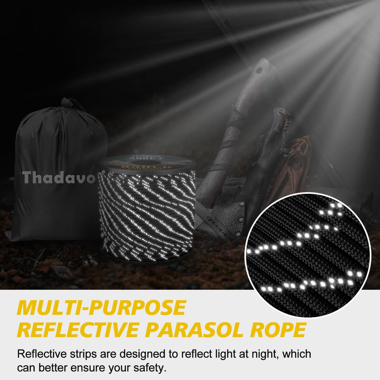 Thadavo Reflective Paracord Rope 850Ib, 50/100/200/500/1000ft 4MM 11 Strand para Cords Lanyard Utility Parachute Cord for Tent Camping Hiking Survival Tactical Clothesline DIY Projects, Black 100FT