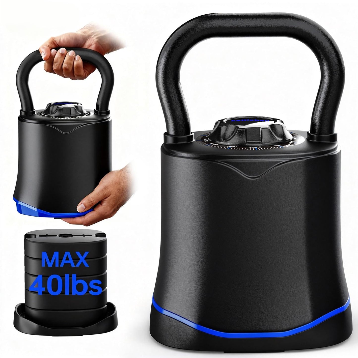 FitNexus Adjustable Kettlebell，6-in-1 Quick Change Adjustable Kettlebell Set (6.5-40 LBS) for Home Gym - Space-Saving Design with Scratch-Resistant Rubber Base to Protect Floors, Two-Way Rotating Handle for Full Body Workouts