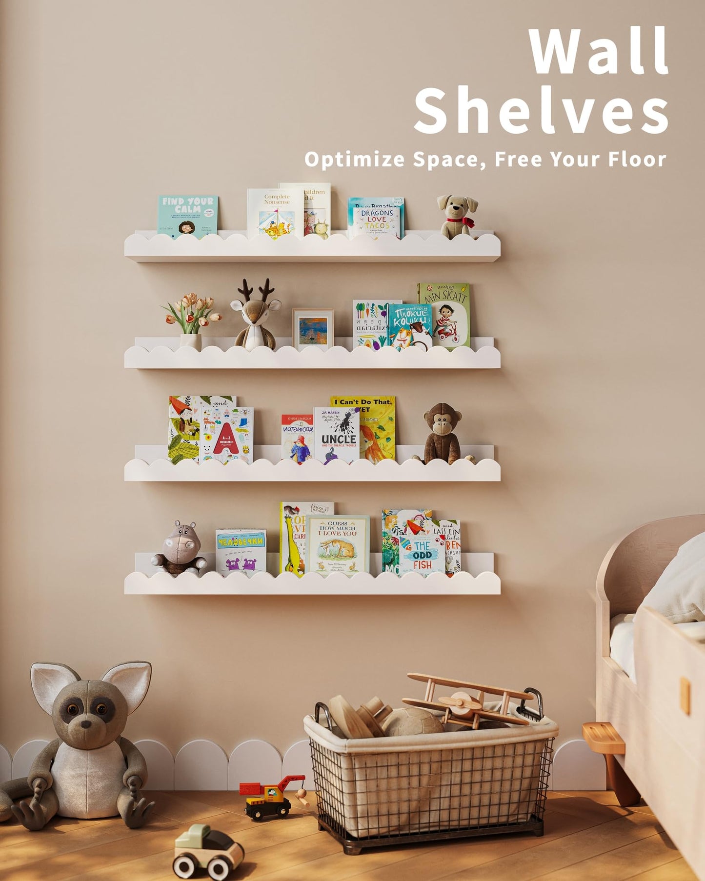 Shario Nursery Book Shelves, 4-Pack White Floating Shelves for Wall Kids, Scalloped Shelves, Wall Book Shelves for Bedroom Kids, Toddler Room, Baby Room, Nursery Decor