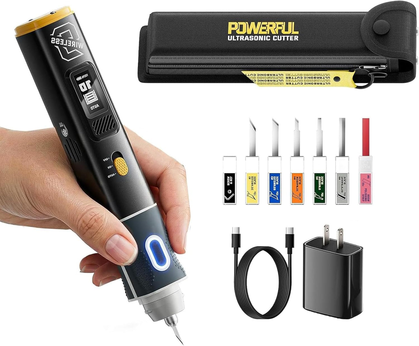 2-in-1 wireless ultrasonic cutter, 40kHz, 30W high power, 1000mAh battery, with AC adapter and USB cable. Features cooling system, smart start-stop and LCD display, can cut a variety of materials.