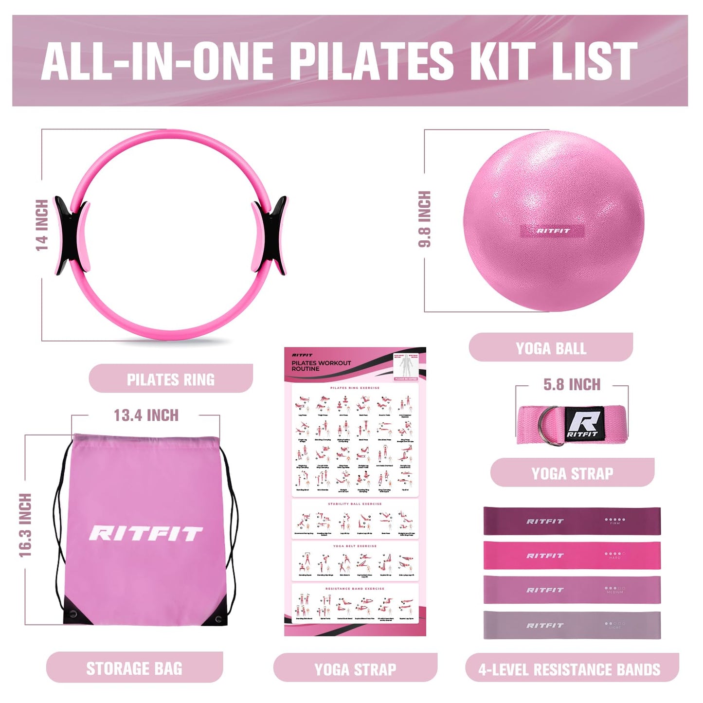 RitFit Pilates Kit - 14 Inch Pilates Ring Magic Circle with Pilates Ball, Resistance Bands & Yoga Strap, Pilates Equipment for Home Workout Toning Thighs, Arms and Core (Pink)