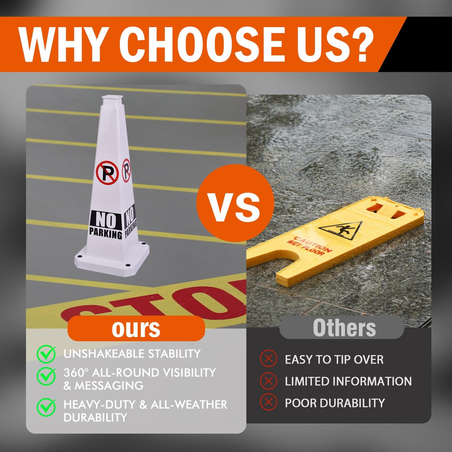 OranclUS 6 Pack 28 Inch 4-Sided Safety Cone, “No Parking” White Traffic Cone, Reflective High Visibility Durable PVC Stackable Traffic Control Cones (6, White-No Parking, 28inch Printed)