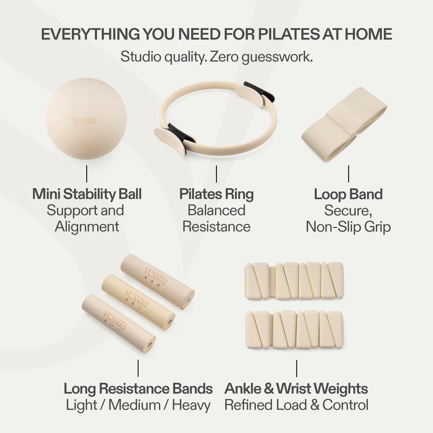 Vesstra Signature Pilates Set - Complete Pilates Kit with Ring, Ball, Wrist and Ankle Weights & Resistance Bands for Home or Studio Workouts