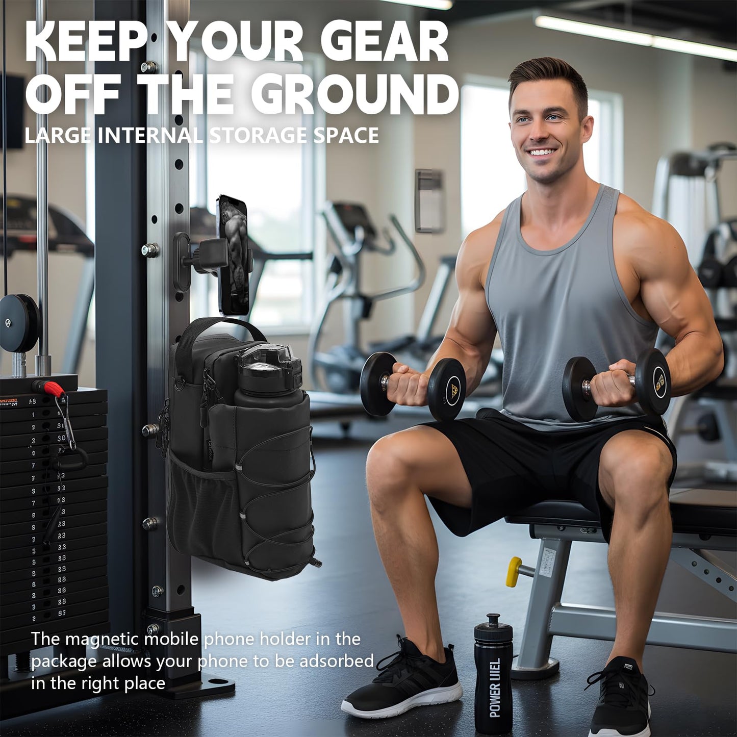 Magnetic Gym Water Bottle Bag with Phone Holder for Men, Magnetic Gym Bag Attaches to Equipment, Holds Water Bottle, Phone & Essentials for Workout, Training & Fitness