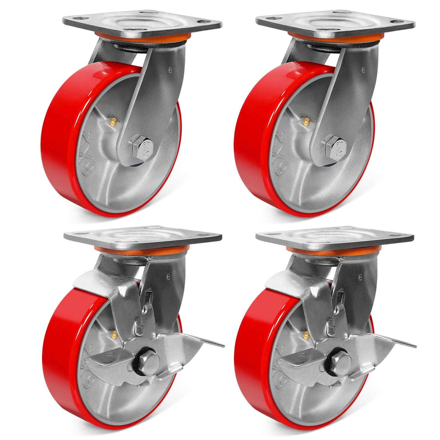 5000 lb Capacity Industrial Caster Wheels with Polyurethane & Cast Iron, Swivel Plate Casters for Platform Trucks, U-Boat Carts, Military Equipment (2 Brake &2 Swivel)