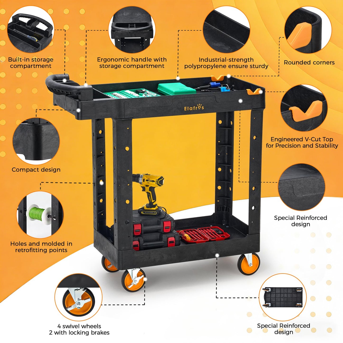 ELAFROS 2-Tier Utility Cart with Deep Shelves, Ergonomic Handle, 5" All-Swivel Wheels (2 with Brakes), Heavy Duty Rolling Cart Holds 550 lbs, 41.3 x 16.8 x 40.9 in