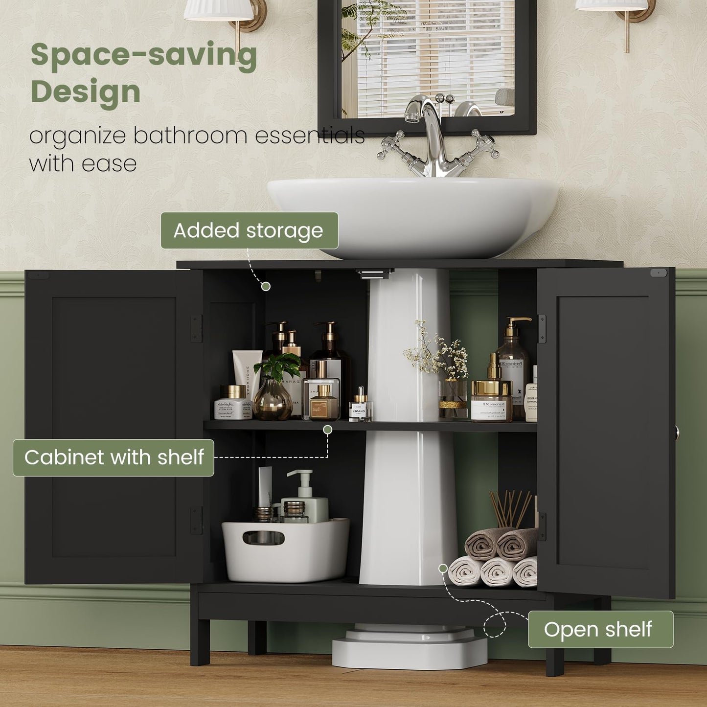 Iwell Pedestal Sink Storage Cabinet with 2 Doors and Shelf, Under Sink Cabinet, Bathroom Sink Cabinet with U-Shape, Black