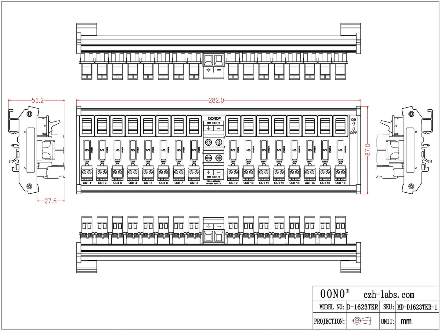 DC Power Distribution Module, Rocker Switch, Fused, Pluggable Top Wiring Terminal Block, DIN Rail and Screw Mount (16 Channel)
