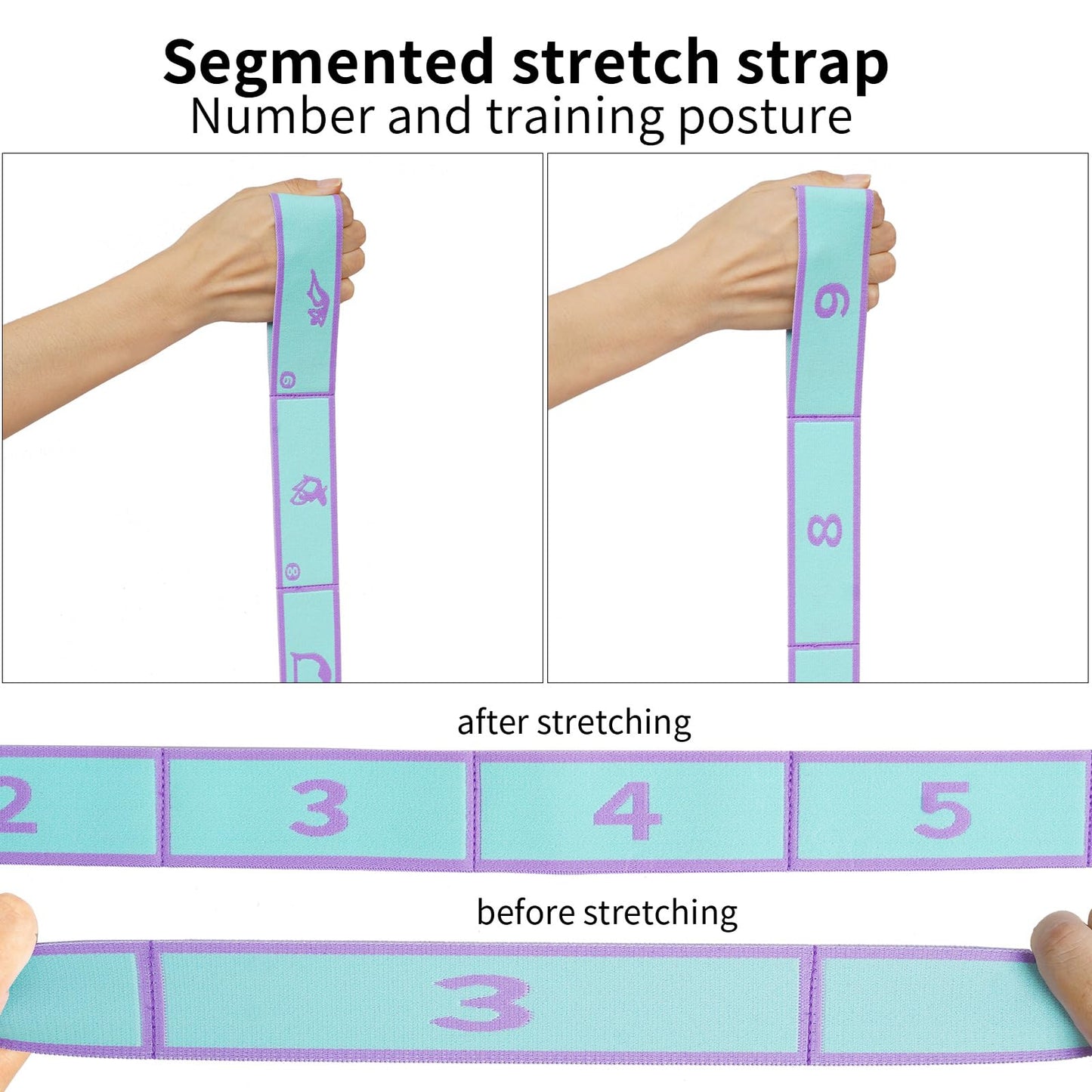 Yoga Strap with 9 Loops, Elastic Stretching Band for Pilates, Dance, Ballet & Flexibility Training, Pose Guide Pattern for Beginners, Adjustable Stretch Strap for Hamstring, Leg & Back Stretch (Blue)