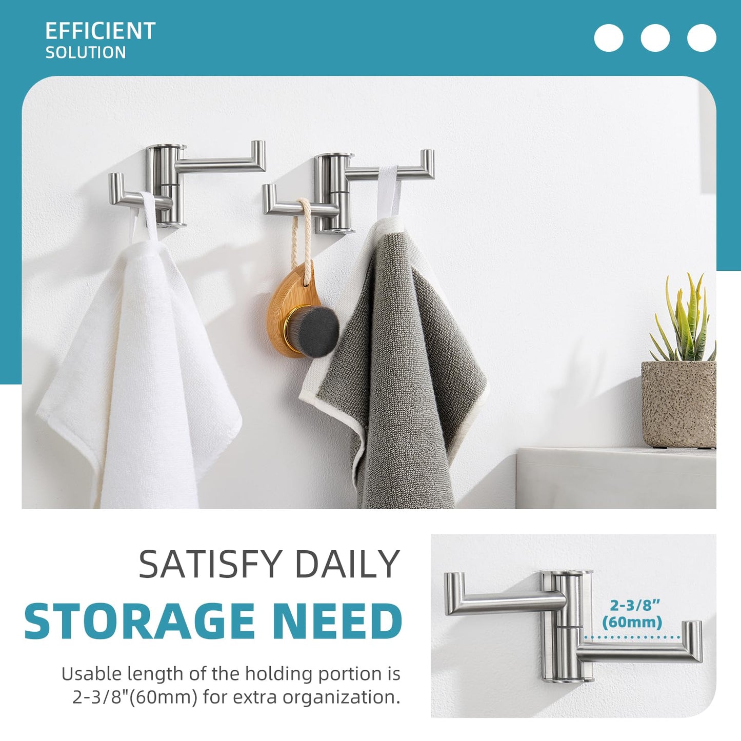 Angle Simple Swivel Towel Double Hook 2 Pack, Brushed Nickel 304 Stainless Steel Bathroom Robe Hook