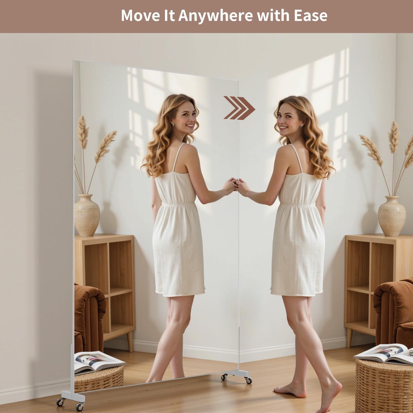 Novlux Home Gym Rolling Mirror 72"x40" – Extra Large Full Length Mirror with Wheels, Mobile Tempered Glass Floor Mirror, 360° Swivel, for Workout, Garage, Dance Studio, Yoga, Bedroom, White