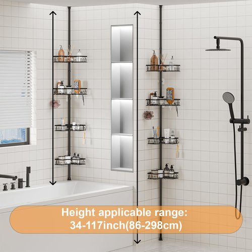 HouseUp Corner Shower Caddy Tension Pole - 4-Tier Shower Corner Shelf for Bathtub Bathroom Shower Organizer - Adjustable 34in-120in, Space Saving Bathtub Accessory Shelves, Black