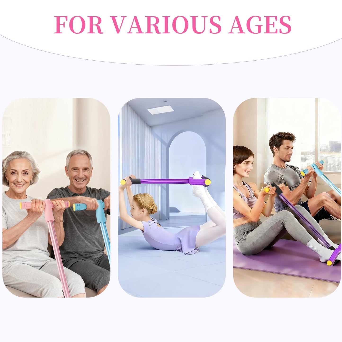 Pedal Resistance Bands with Handles, Upgrade 6-Tubes Manual Tension Training Pedal, Natural Rubber Foot Pedal Resistance Bands, Multifunction Fitness Bands for Abdomen, Waist, Arm, Leg (Pink)