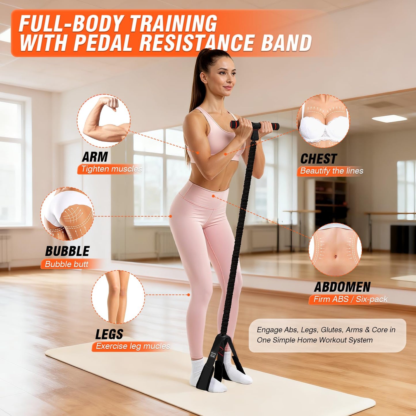 UZTUGG Pedal Resistance Bands with Handles, Upgrade Women Exercise Bands for Full Body Training, Core, ABS, Legs, Glutes, Arms, Pilates, Physical Therapy, Strength, Sit Up Equipment for Home Workout