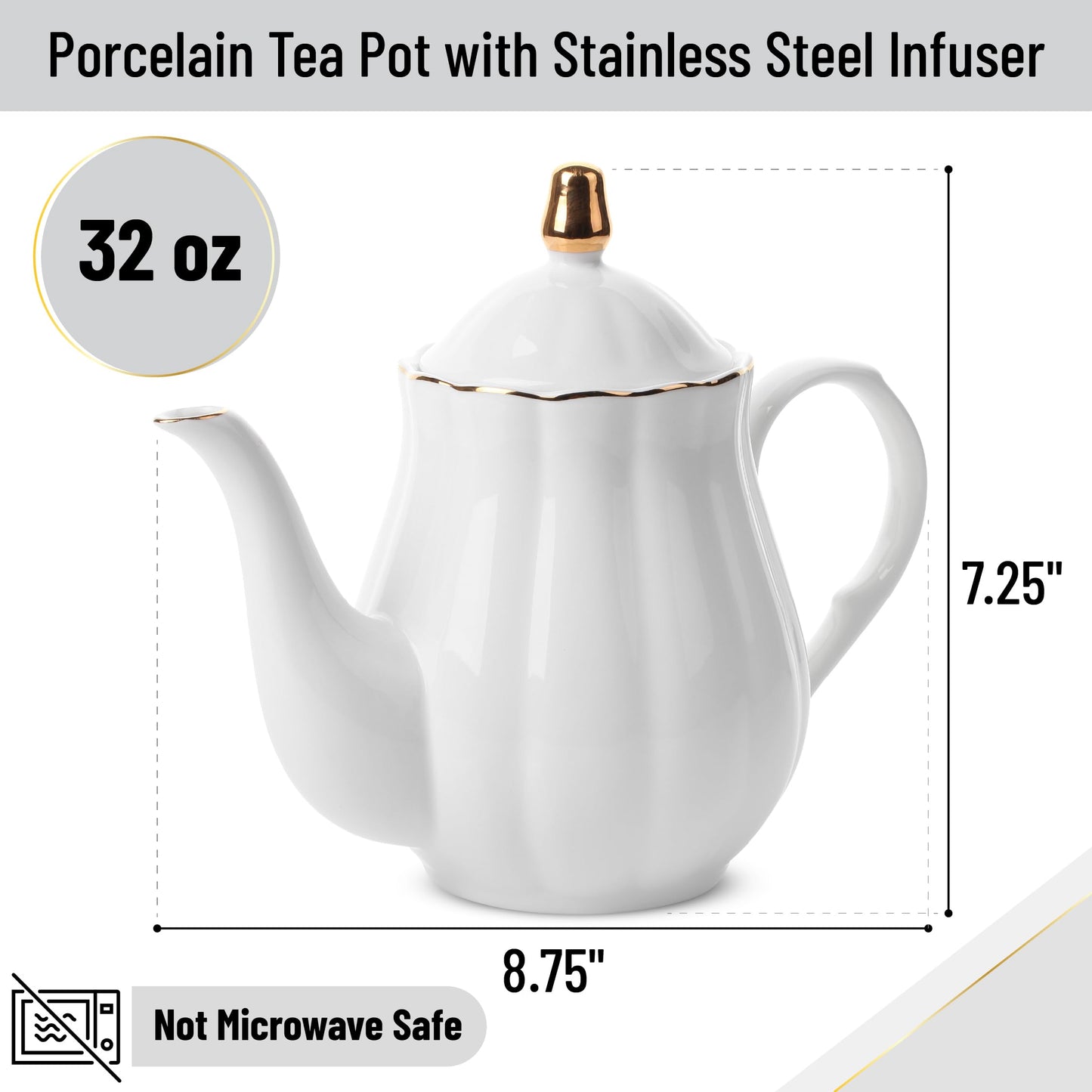 BTaT- Porcelain Tea Pot with Stainless Steel Infuser, 32 oz, White, Tea Pot with Gold Trim, Teapot with Infuser, Porcelain Teapot, Tea Brewing Pot, Teapots for Loose Tea