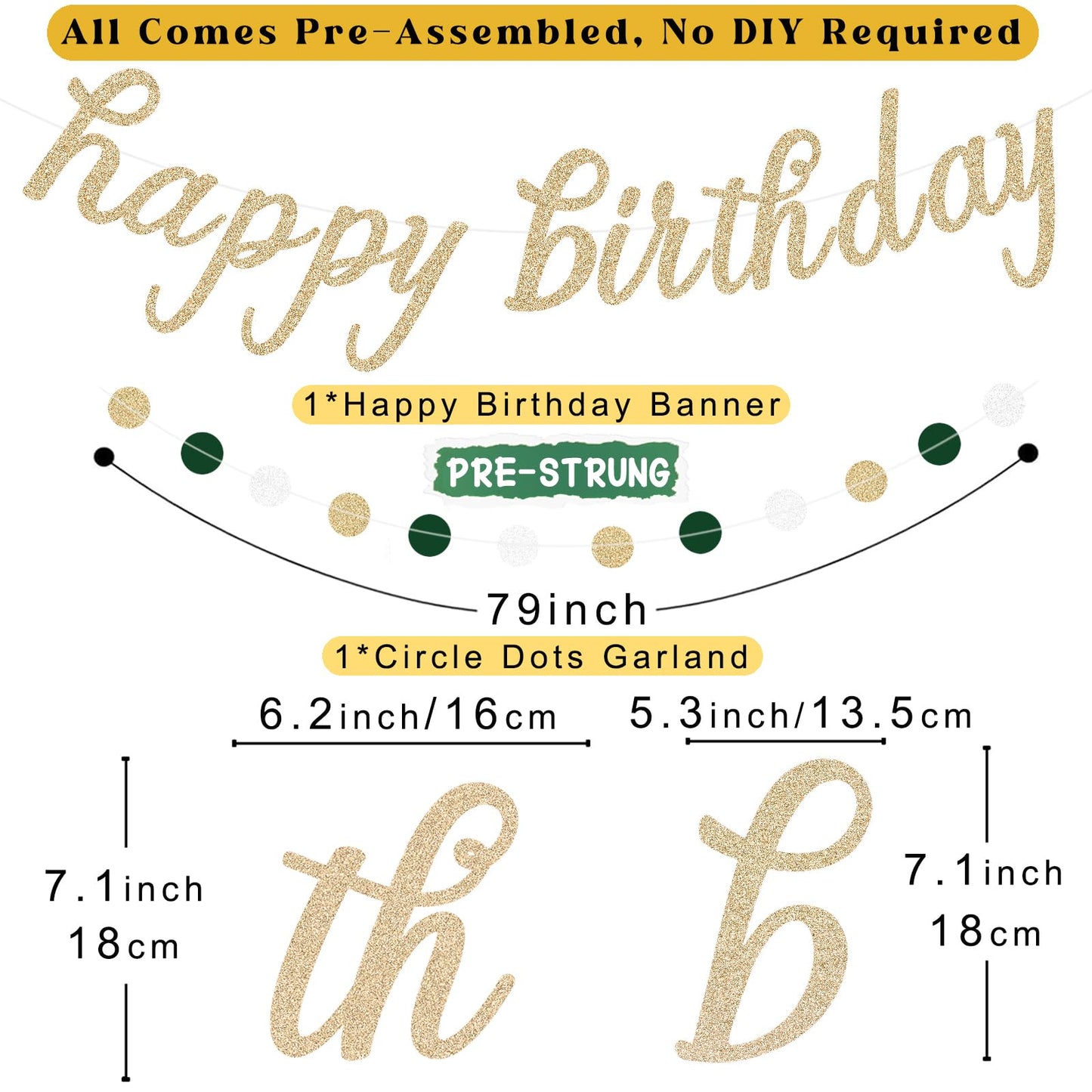 Sage Green Happy Birthday Decorations, Pre-Strung Happy Birthday Banner with Honeycomb Balls, Paper Flowers, Lanterns, Hanging Swirls, Circle Dots Garland for Birthdays Party Decorations 24pcs