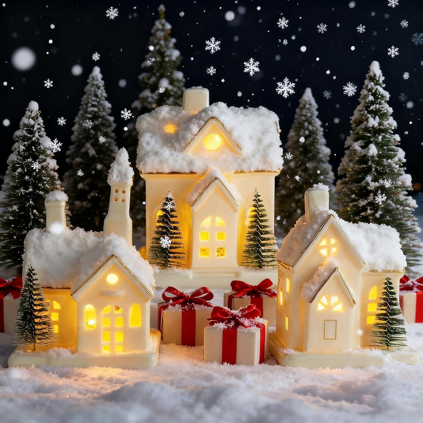 Skiennix White Ceramic Christmas Village Houses Set - 3 Light-Up Figurines with 4 Trees for Holiday Decor