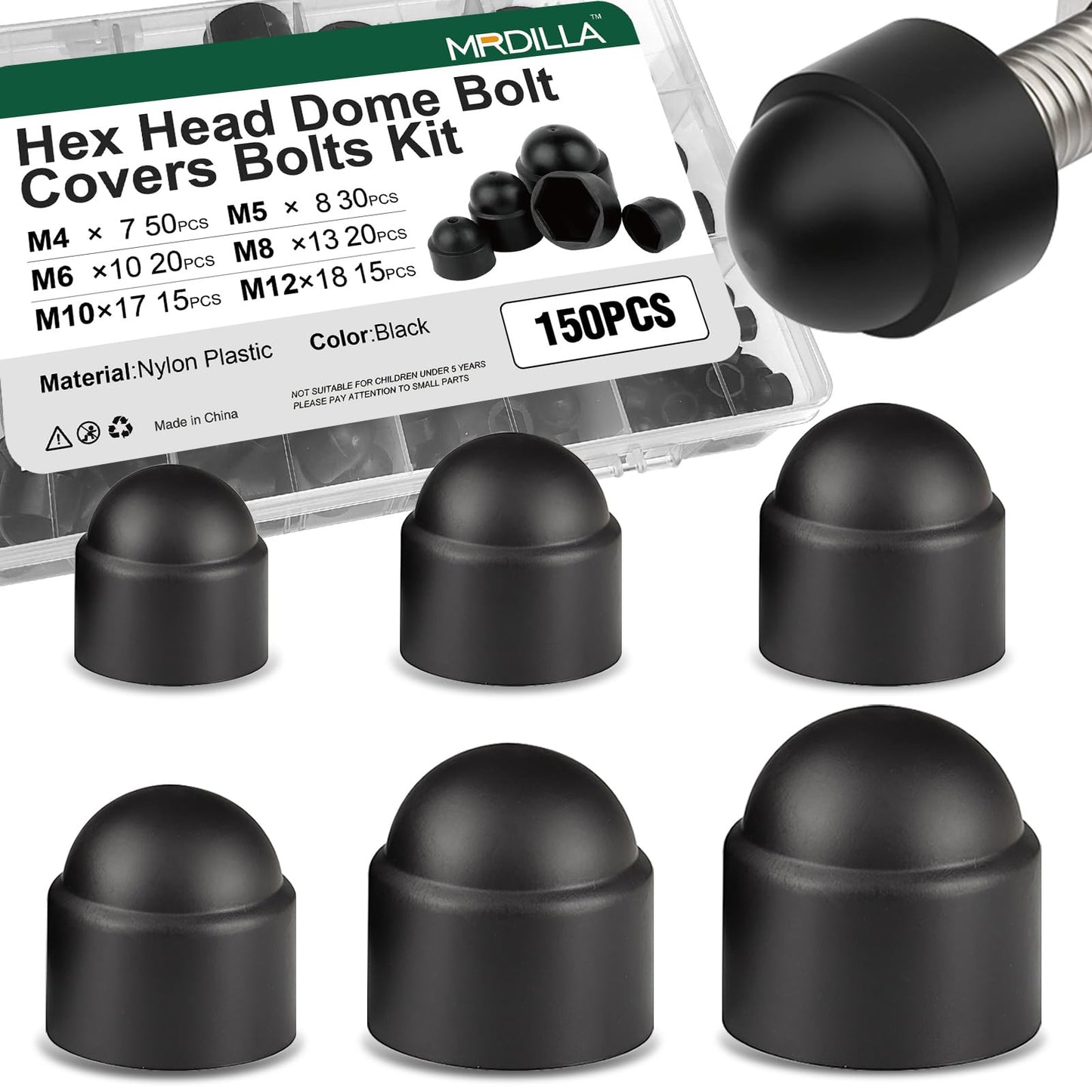 150 Pcs Metric Plastic Bolt Caps, Hex Head Dome Covers for M4–M12 Bolts, Waterproof Dustproof Protective Nut End Caps