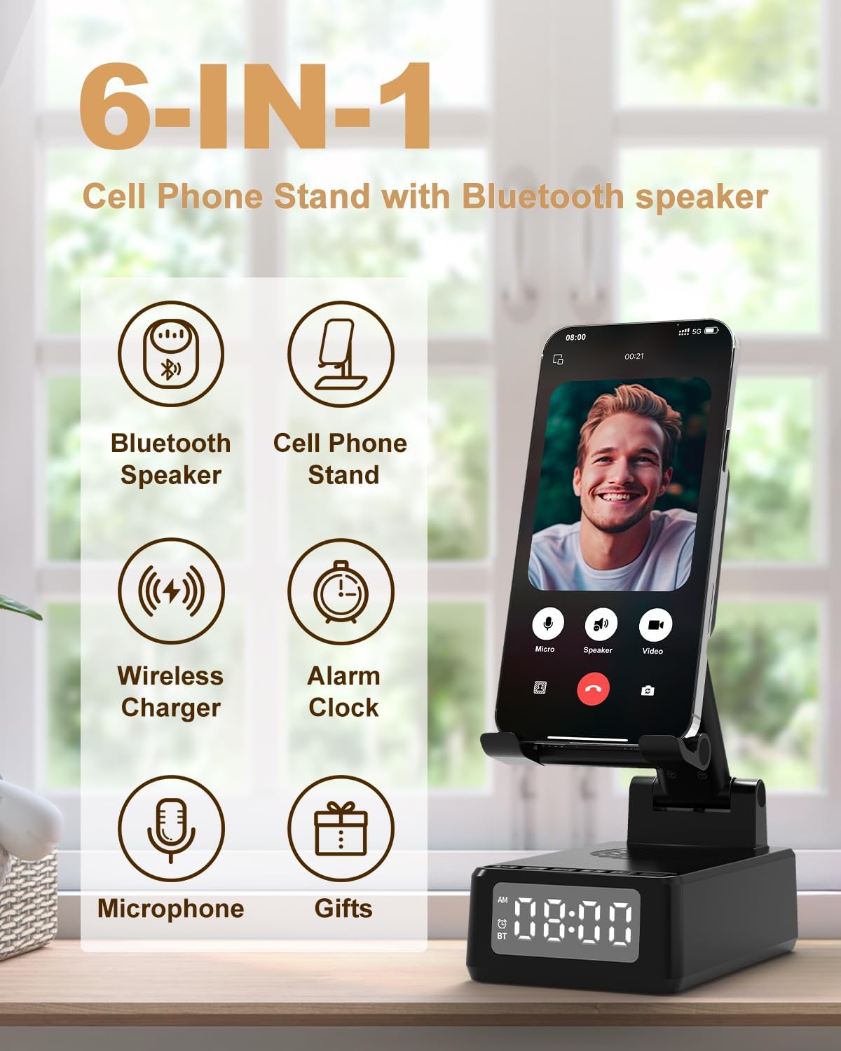 Bitswolee Gifts for Men Cell Phone Stand with Wireless Bluetooth Speaker and Wireless Charger, Phone Charger Stand