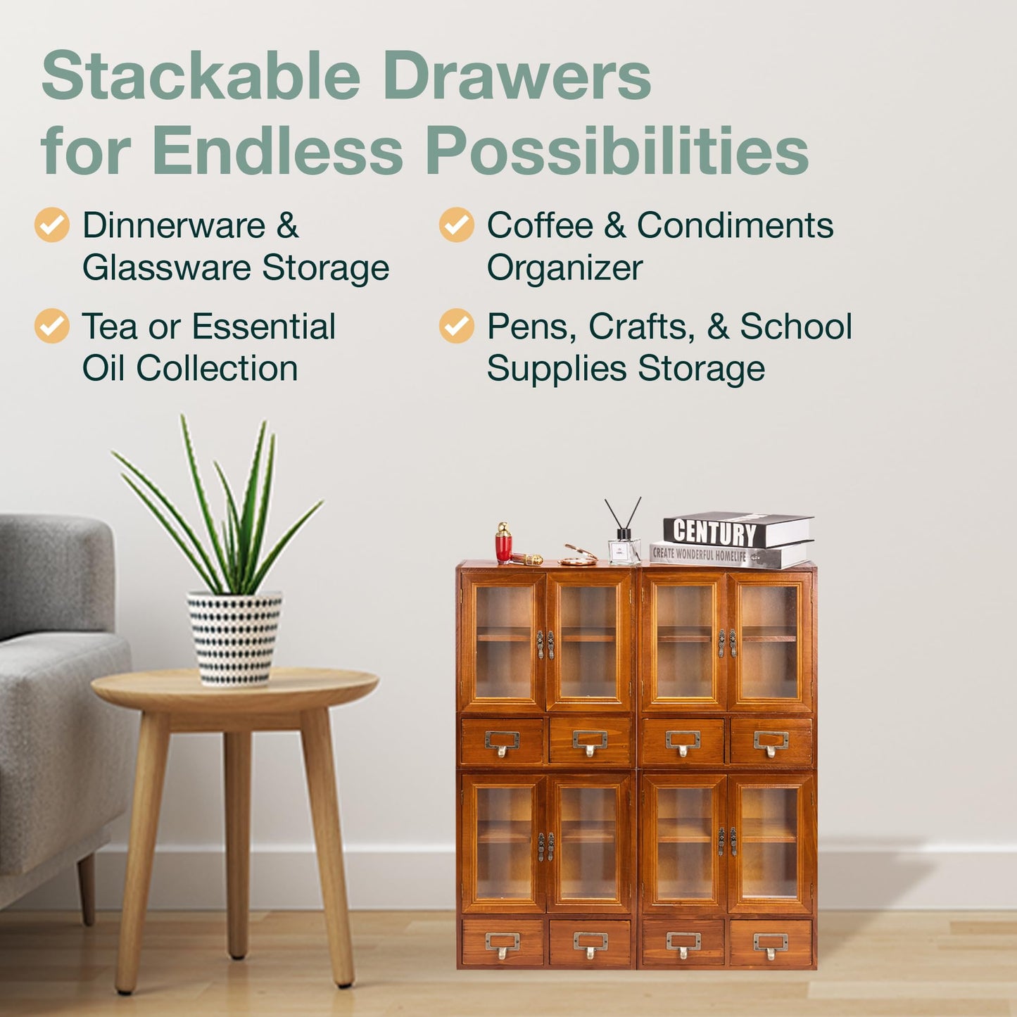 Stackable Modular Set of 4 Mini Cupboards - 8-Drawer Pantry Storage Cabinet - Dark Mahogany Wood Cabinets with 4 Glass Doors and 8 Shelves - Shelf Cabinet Storage Organization, Fully Assembled
