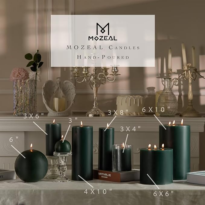 MOZEAL 3" x 8" Hand-poured Unscented Large Candle,Smokeless Rustic Pillar Candle Set of 2,Slow Burn,No Drip,Approx 150 Hours Burning,Wedding,Dinner,Christmas and Home Decorative,Tall Dark Green Candle