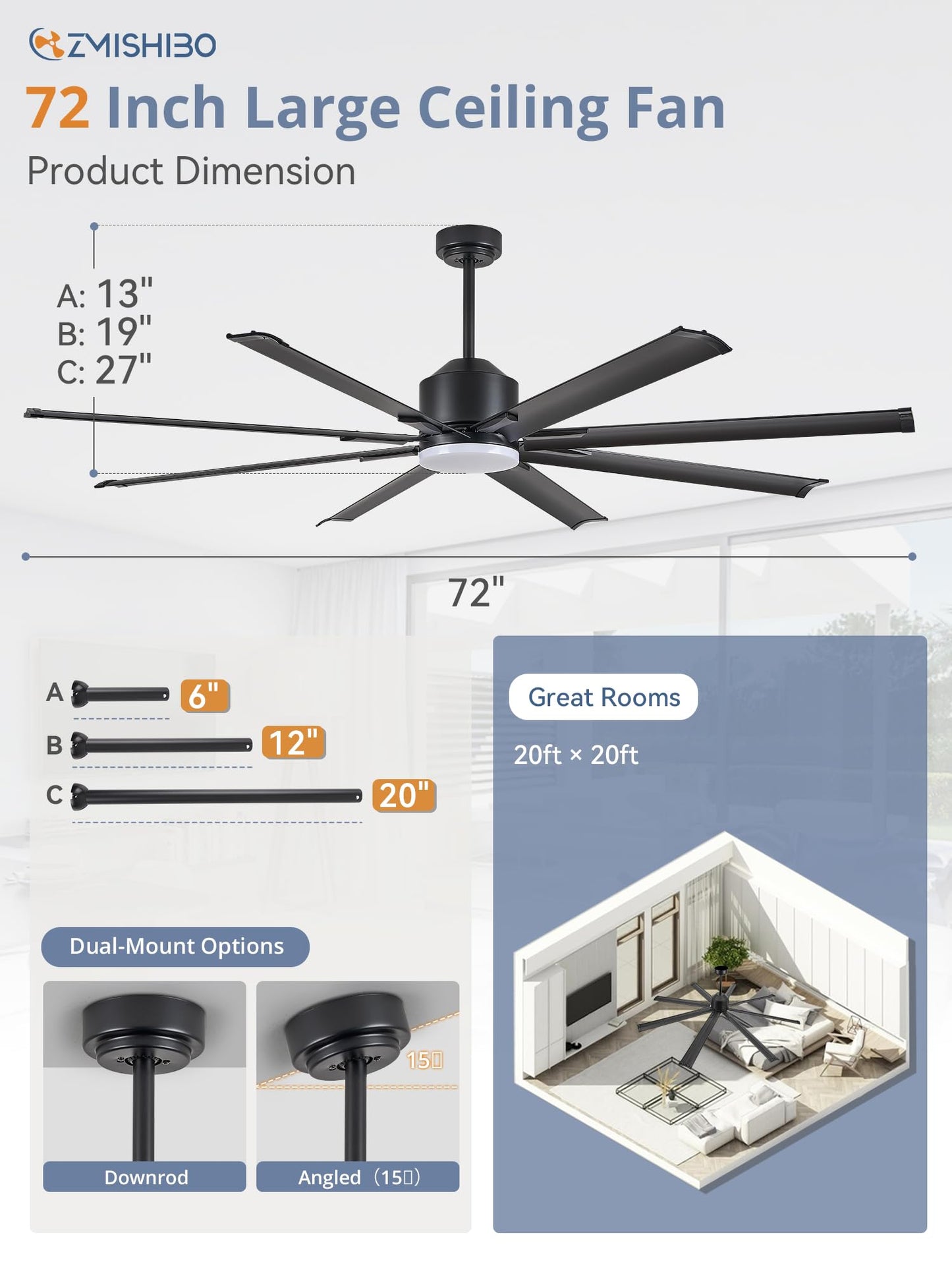 72 Inch Smart Ceiling Fan with Light and Remote via WIFI Alexa, Industrial Ceiling Fan with 8 Black Aluminum Blades, 3000-6000K Dimmable, 6 Speeds, Indoor Outdoor Ceiling Fans for Patio Living Room