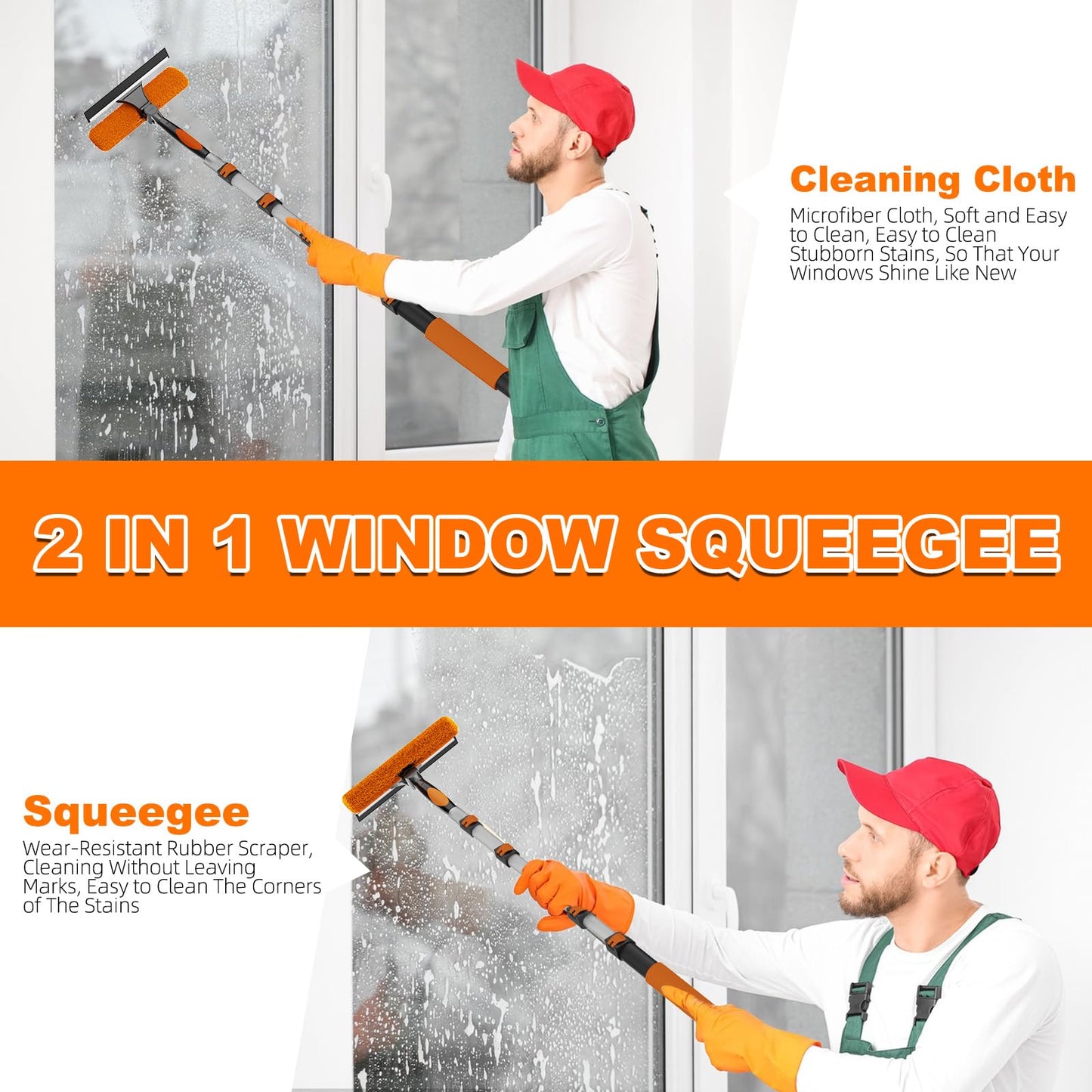 SISUPASSIE 30FT Reach 2-in-1 Window Squeegee, Professional Window Washing Kit with 5-24FT Extension Pole for Home, Indoor Outdoor Squeegee with Rotatable Head for High Windows