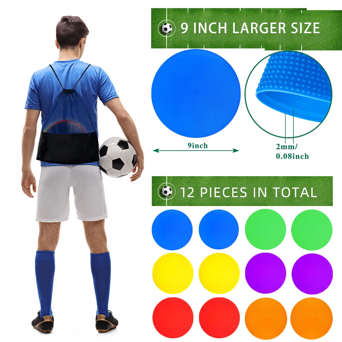 PIKZH Poly Spot Markers 9.05 inch 12 Pcs Non-Slip Rubber Agility Training Markers Floor Dots Flat Field Cones for Football, Soccer, Basketball, School Exercise Drills, Dance Practice