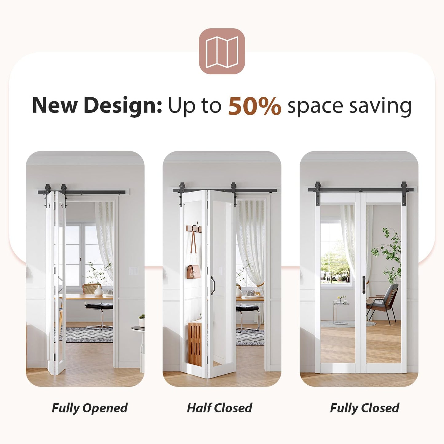 FREDBECK Preassembled Bifold Barn Door 42x84 (Double 21x84) with 1 Lites Mirror,Bi-fold Closet Doors Hardware Kit Included,46" Track for 2 Doors, PVC, White,for Living Room, Bathrooms, Kicthen