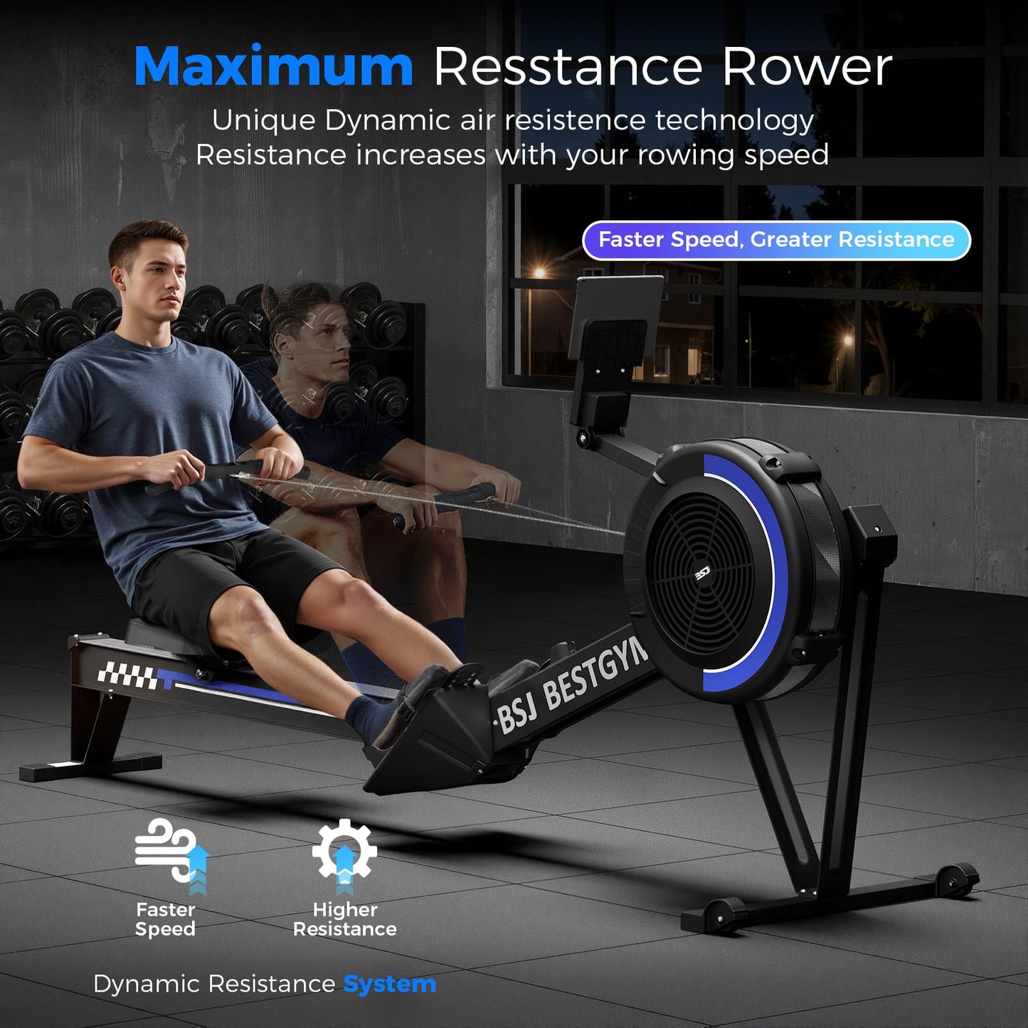 Rowing Machines for Home, Adjustable Air Resistance Rower Machine with Extra Long Rail, Ergonomic Comfort Seat, Device Holder, Easy Storage