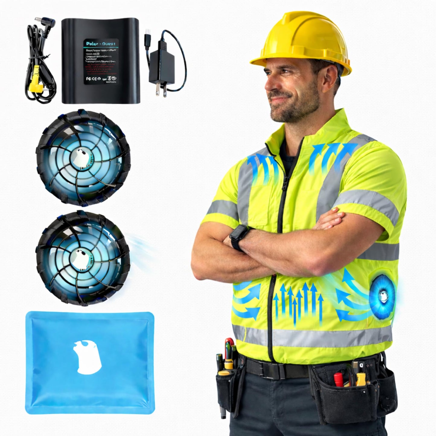 POLAR QUEST SHOP Class 3 Cooling Fan Safety Shirt (Half Sleeve) | Hi-Vis Reflective Work Shirt with Fans & Battery for Construction & Outdoor Work - Extra Large