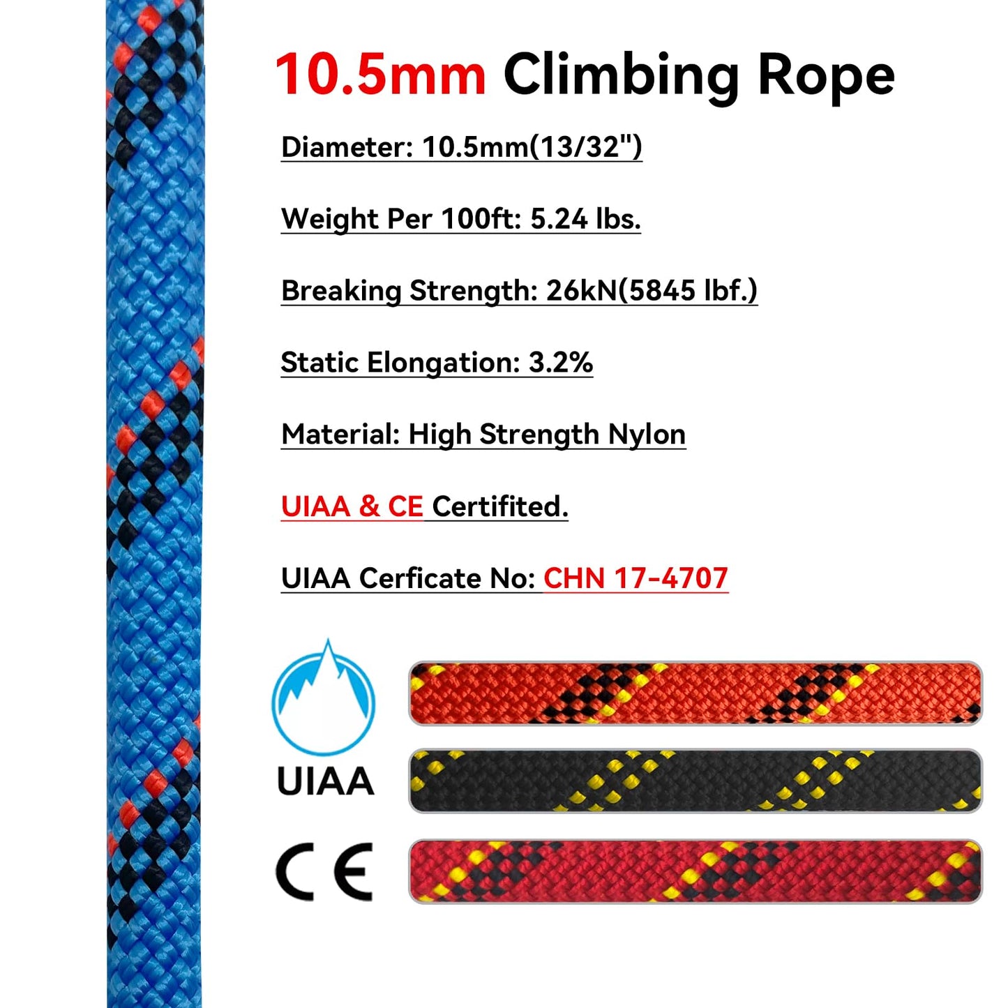 BlazeBeam Static Climbing Rope 10.5mm UIAA Static Line Rappelling Rope 15M (50ft) Nylon Kern Mantle Rope for Escape Rope Rock Climbing, Mountain Tree Climbing, Hauling, Rescue
