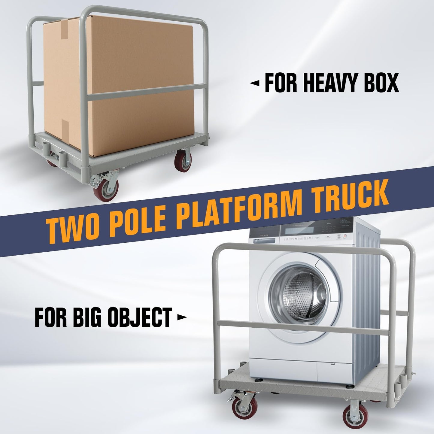 2IN1 Steel Panel Truck Cart, Lumber Cart Drywall Dolly，2500LBS Heavy Duty Flatbed Cart Dolly with 5" Swivel Brake Wheels, 2MM Plate Platform Truck with 1Front and 2Side Handrails
