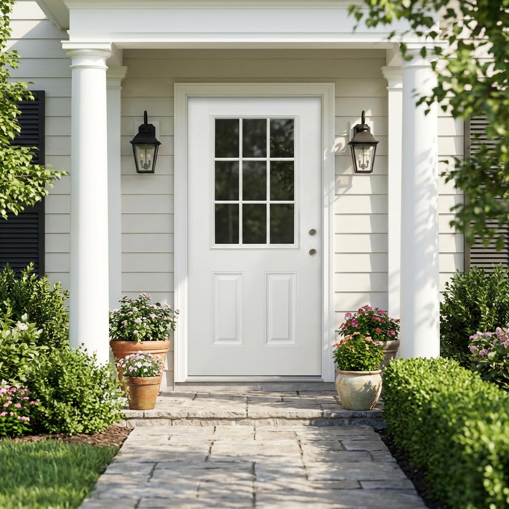 Casaphoria 36" x 80" Fiberglass Entry Door with 4-9/16" Vinyl Frame,Left Hand Inswing Exterior Door with Brickmould, 9- Lite Low-E Glass Primed Knock-Down Front Door for Home Entrance, White
