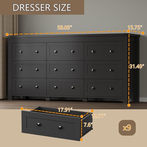BORNOON 9-Drawer Dresser - Modern Wooden Storage Chest with Metal Handles for Bedroom & Living Room
