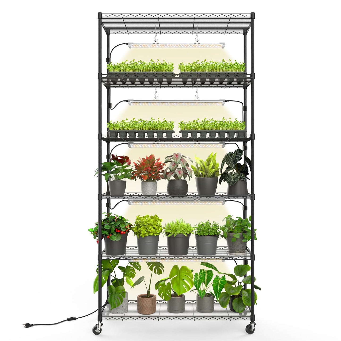 Bstrip Plant Shelf with Grow Light, Metal Plant Stand with Adjustable Rack and Wheels, 5 Pack T8 Full Spectrum Grow Light Strip for Indoor Plants, Seed Starting, Seed Tray, 35.4"x13.8"x71"