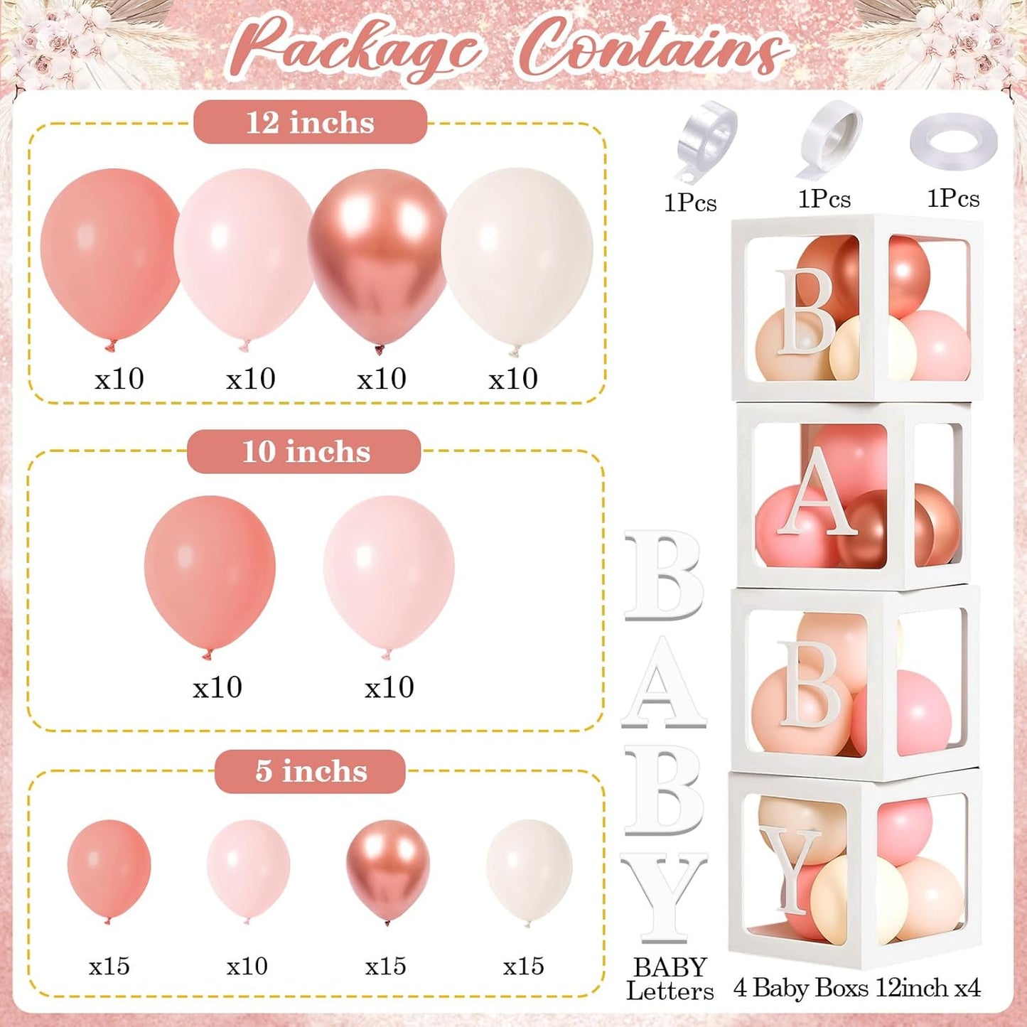 Winrayk Rose Gold Balloons - Floral Baby Shower Decorations Kit | Pink Balloon Arch & Letter Boxes