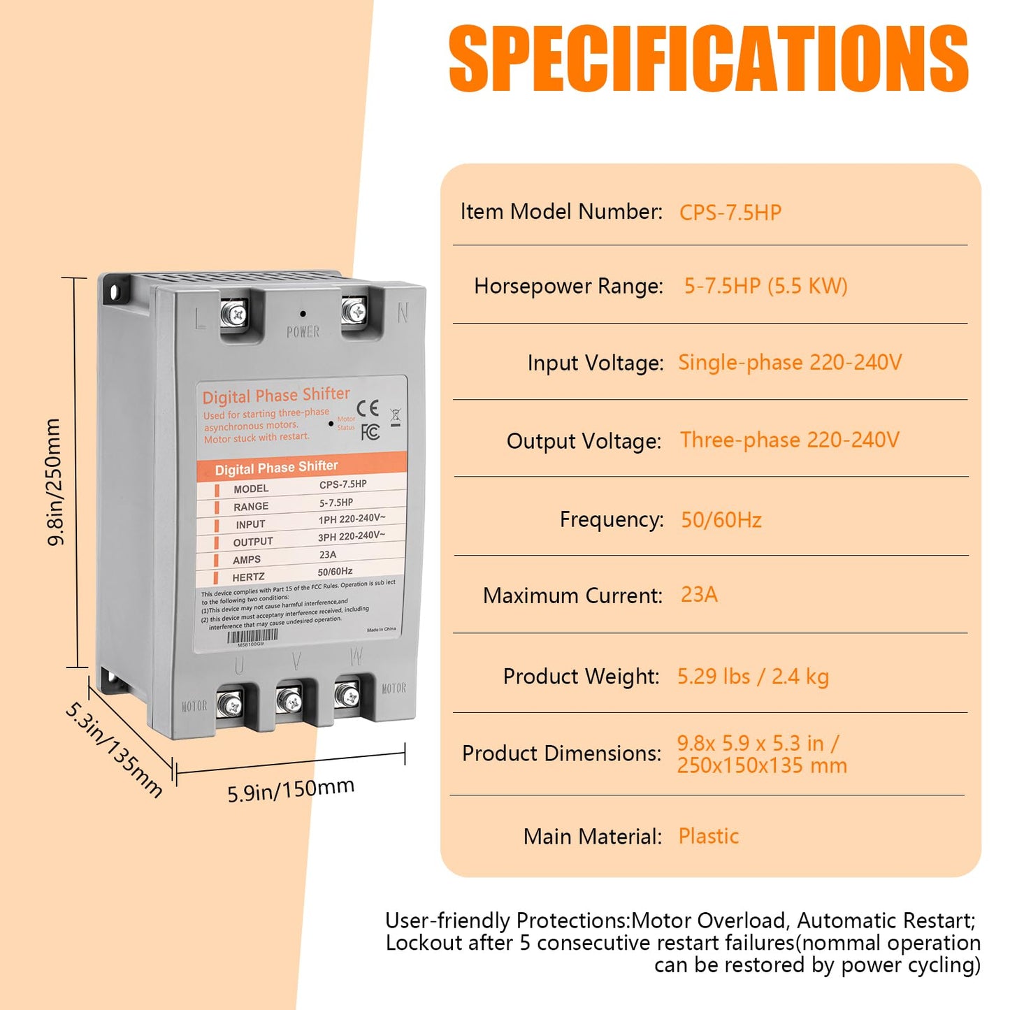 LGIB Single Phase to 3 Phase Converter，7.5HP 220V 3 Phase Converter，220V-240V Input/Output Digital Phase Shift for 7.5HP Motor