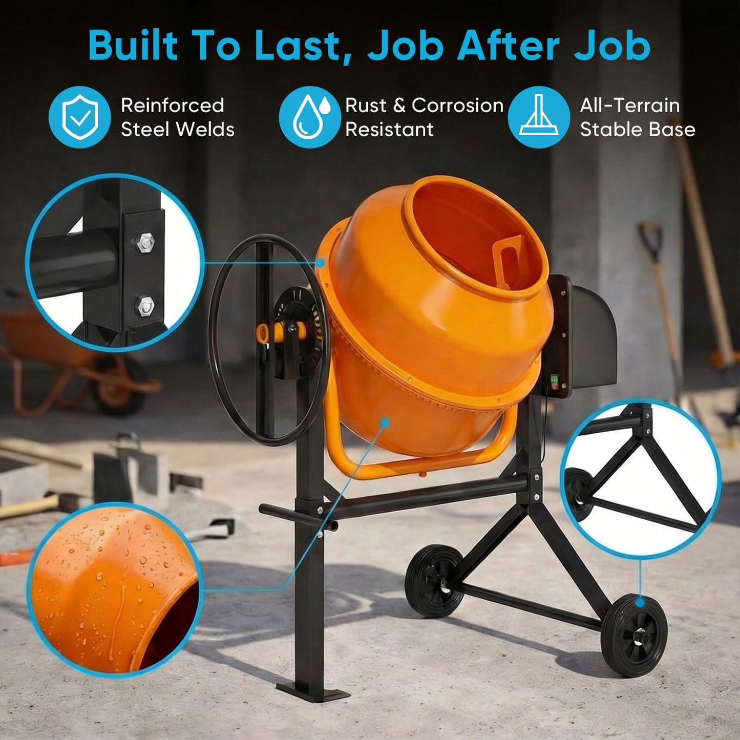 TABU 3 Cu.Ft. Electric Cement Mixer, Portable Concrete Mixer, Mortar Mixing for Seeds/Stucco, Freestanding Cement Mixing Tools with Wheels for Stucco