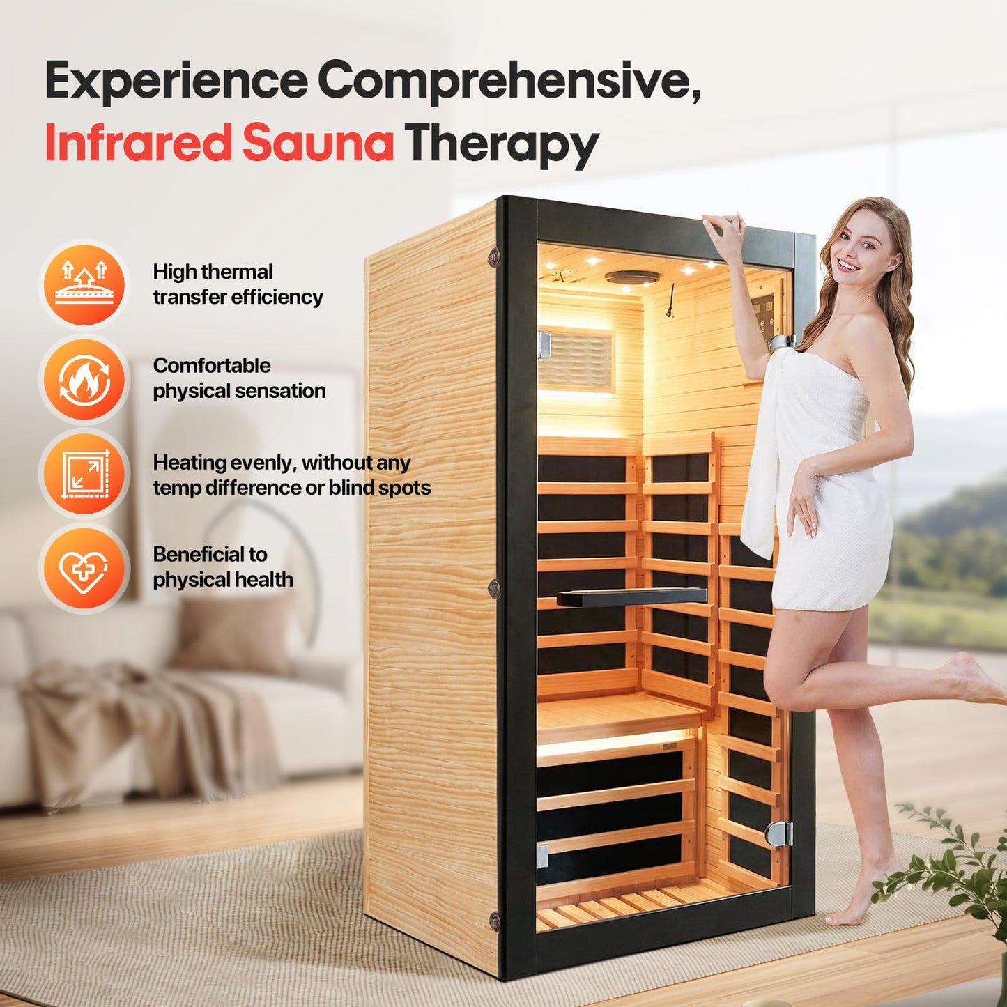OUTEXER Sauna One Person Infrared Saunas Room Chilean Pine Wood 1050W Dry Saunas Spa with 7 Color Starry Sky Light Oxygen Bar Cup Holder 30.7x30.7x62.2inch
