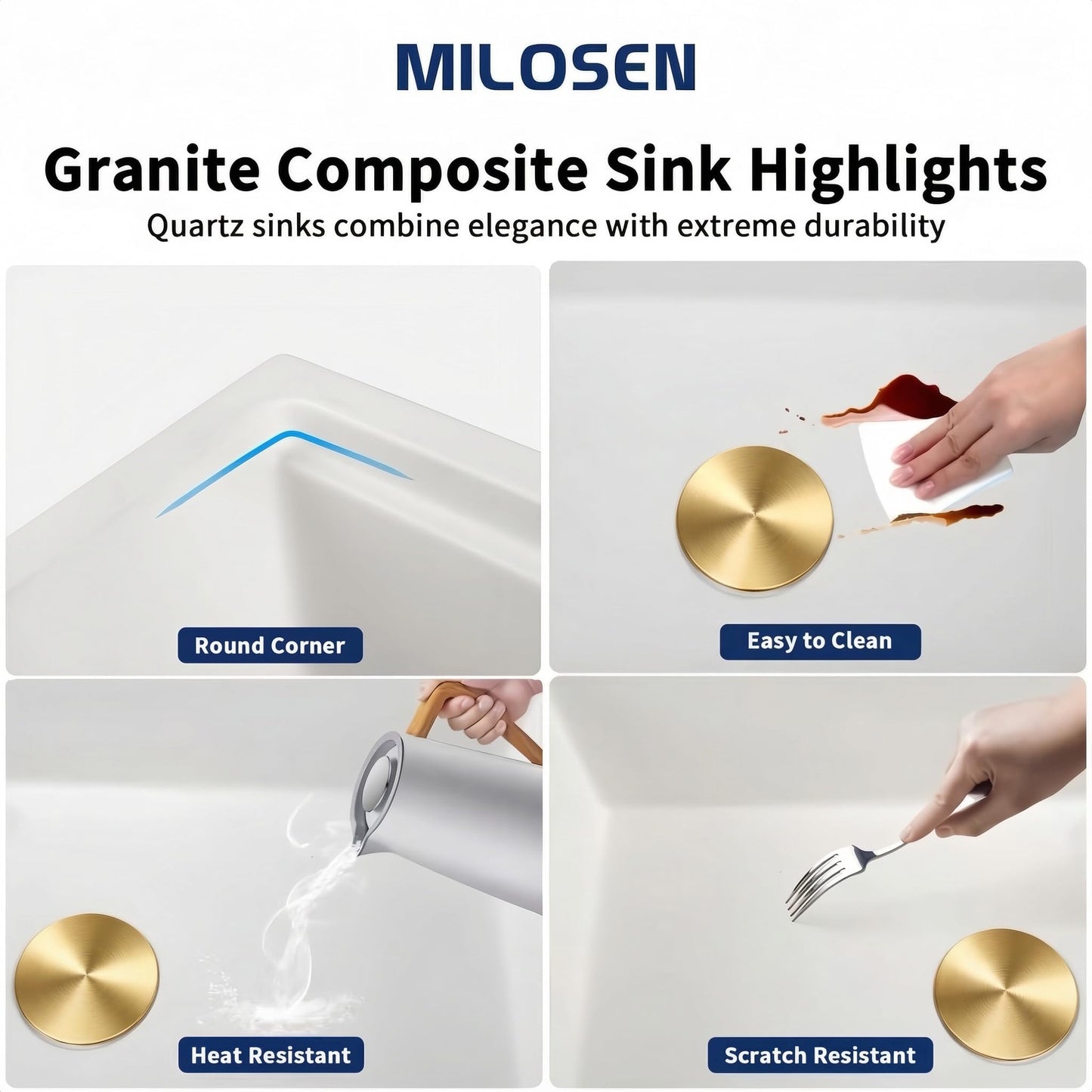 MILOSEN White Undermount Bar Sink, 16×16 Inch Small White Granite Composite Wet Bar or Prep Sinks with Cutting Board, 9 Inch Deep Outdoor Single Bowl Small Workstation Sink with Gold Accessories