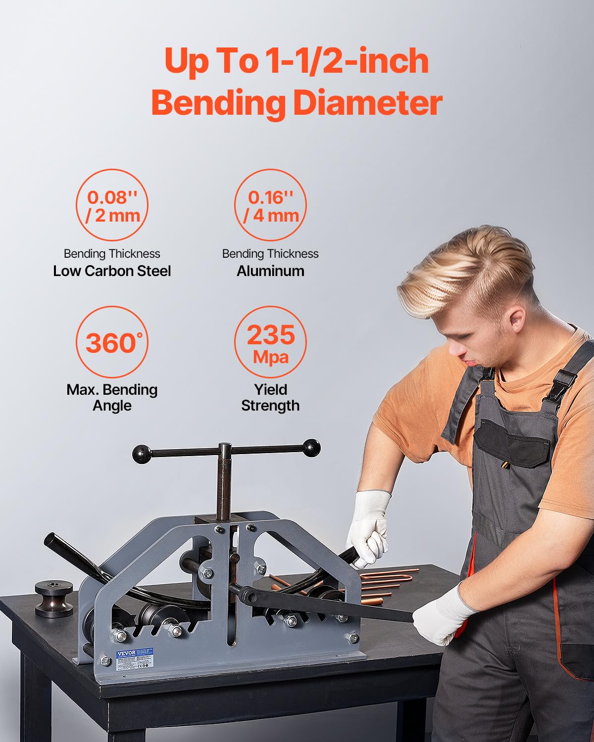 VEVOR Tube Roller Bender, Max 1-1/2" Manual Tube Pipe Roller Bender with 6 Dies, 360° Copper Aluminum Pipe Bending Tool for Square, Round Tube & Flat Bar, Ideal for HVAC Air Conditioning Auto Repair