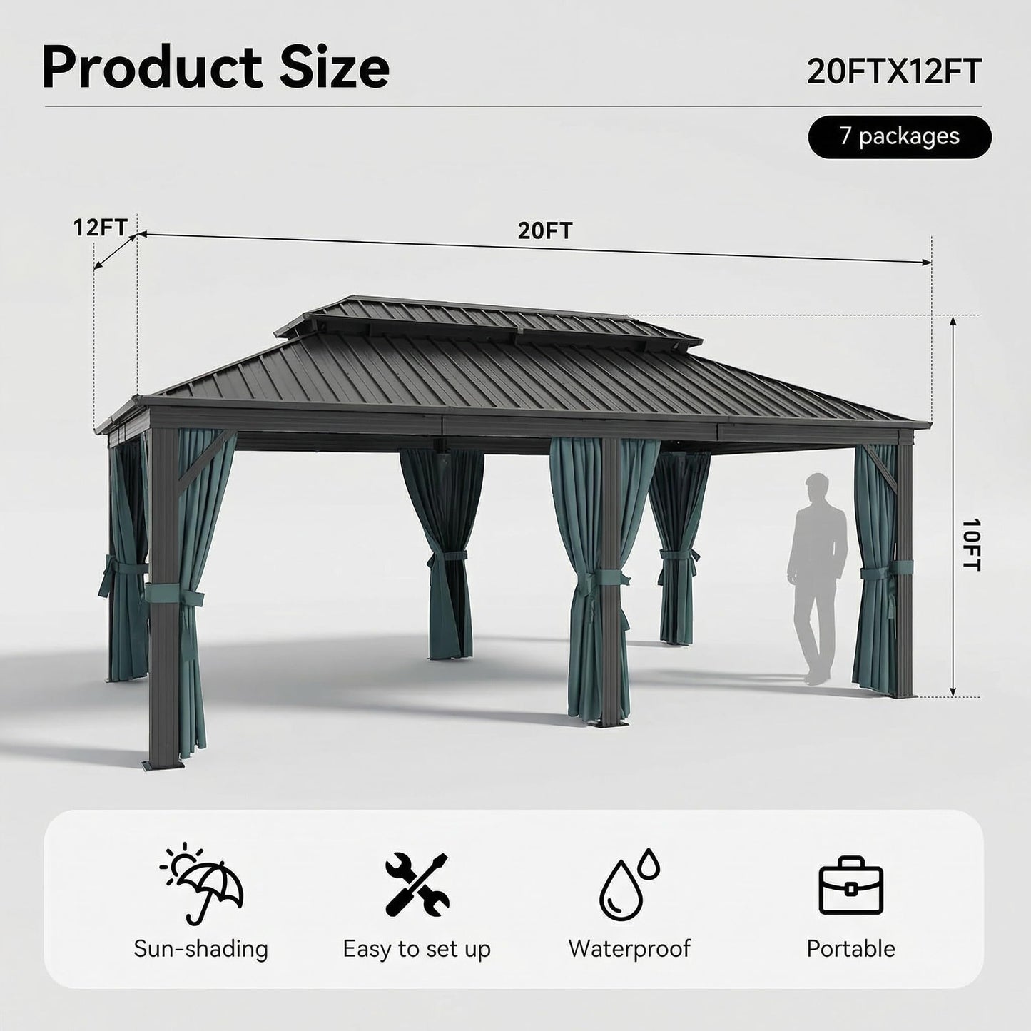 HOTEEL Gazebo 12x20 on Clearance with Metal Roof, Heavy Duty Hardtop Gazebo with Flame-Retardant Curtain & Netting, Outdoor Gazebos with Galvanized Steel Double Roof for Party,Patio Black