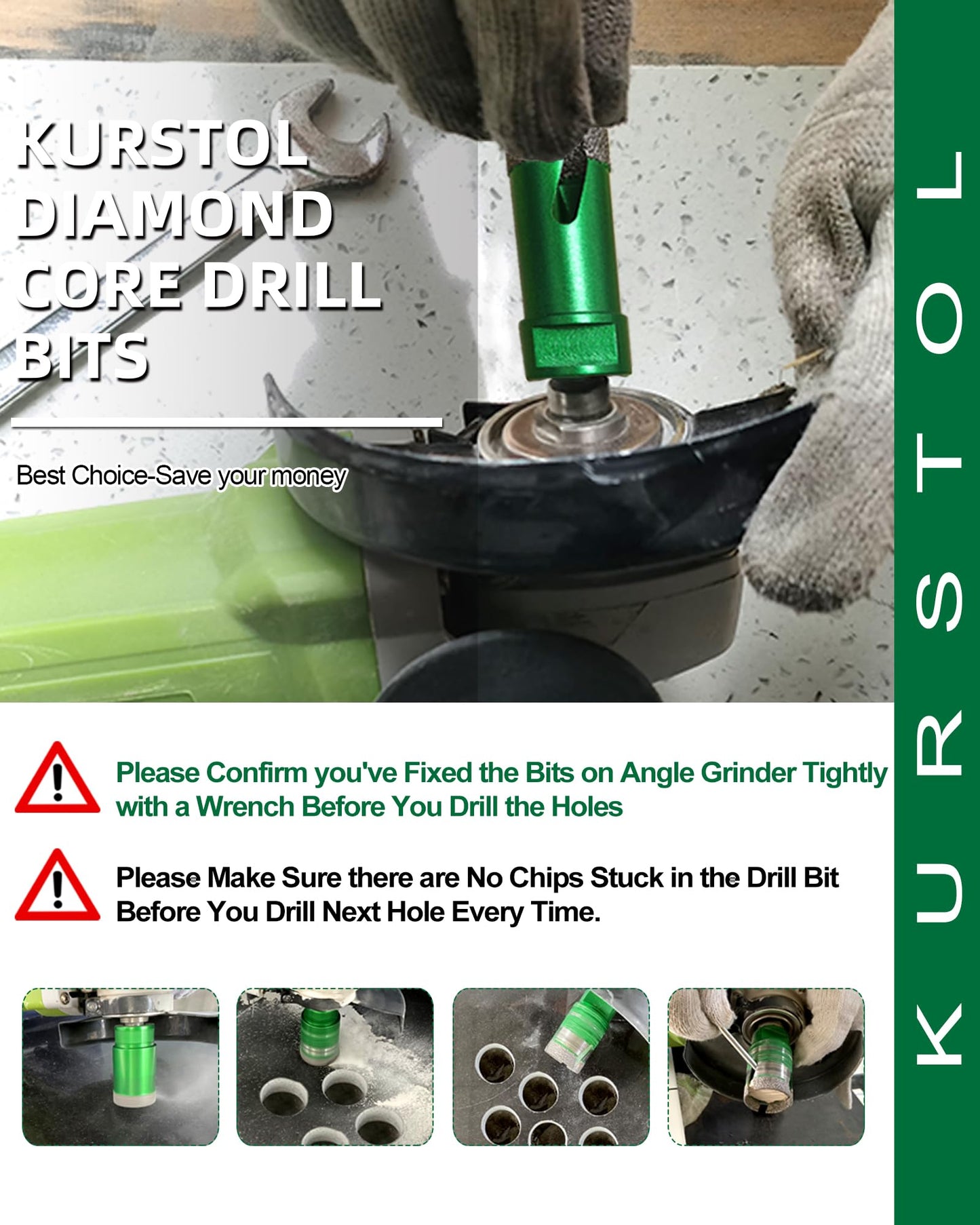 Tile Hole Saw Kit 15pcs - KURSTOL Diamond Core Drill Bits 6/6/8/20/25/35/50/75/102/127MM+4/5'' Finger Bit+2'' Chamfer Bit+2pcs 4-1/2'' Saw Blade+SDS for Tile Porcelain Ceramic Granite Marble