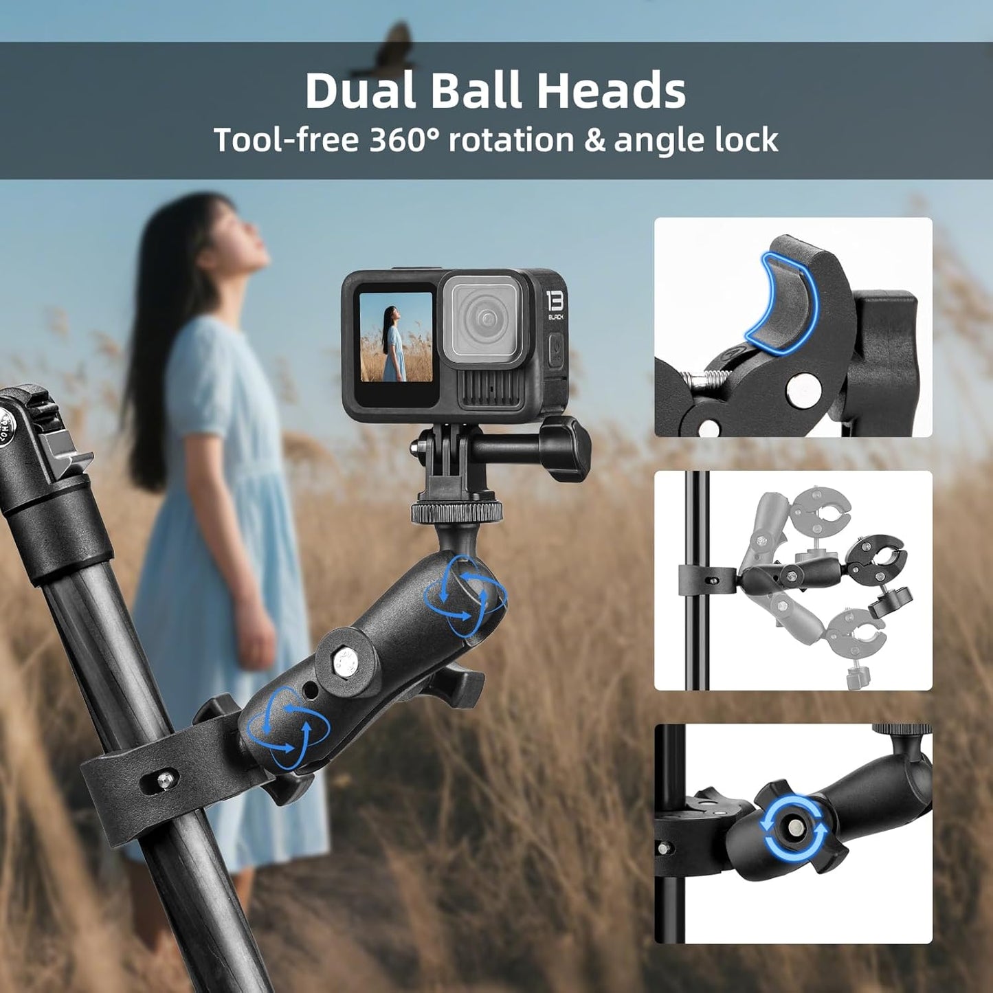 BRDRC Double Clamp Mount Umbrella Holder Camera Pole Bracket for Stroller Wheelchair Monitor Magic Socket Arm Desk